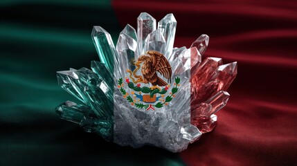 Mexico flag recreated using glowing crystals arranged symmetrically on velvet backdrop. Shadows realistic, composition uncluttered for emphasis. rendering