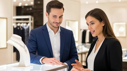 Elegant jewelry consultation: professional showcase of luxury necklace sale interaction