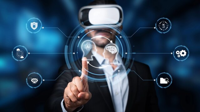 A businessman explores the realm of virtual reality, interacting with digital icons that symbolize innovative technology and advanced concepts in a futuristic setting. Raster - Powered by Adobe