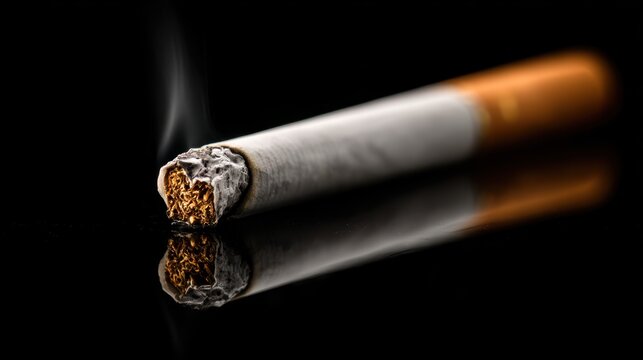 Studio shot of a lit cigarette with glowing ember and curling smoke on a black backdrop, dramatically highlighted to show the allure and health risks of modern nicotine addiction.