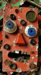 Unique vintage toy face made from colorful materials found in Bouzulnik market, showcasing creativity and playful design amid nostalgic scenery
