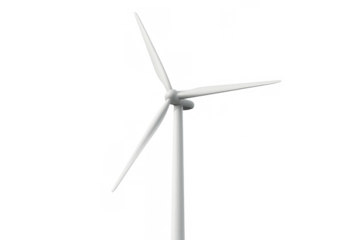 White wind turbine converting wind energy into electricity and generating clean power on a transparent background