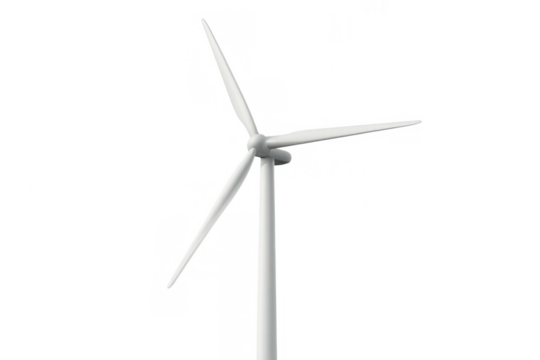 White wind turbine converting wind energy into electricity and generating clean power on a transparent background
