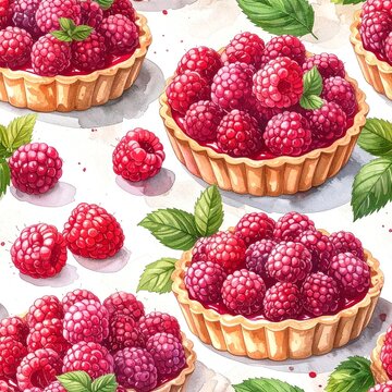 Watercolor pattern illustrating raspberry tarts, vintage watercolor illustration