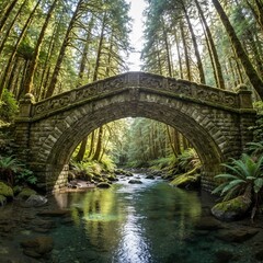 An old stone bridge arching over a gentle stream in a forest (2)