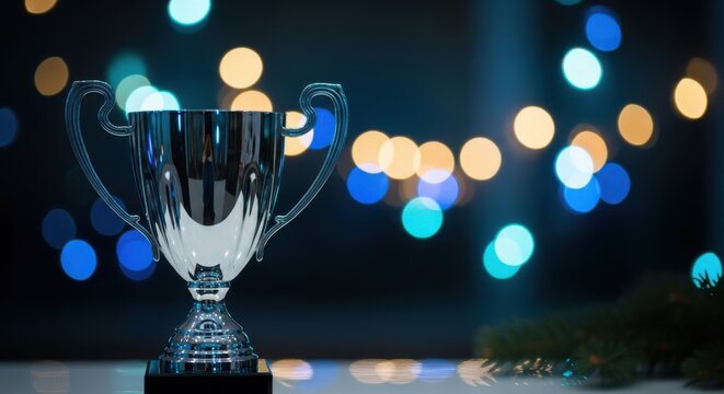 Silver award trophy on a blurred background with bokeh lights and decoration