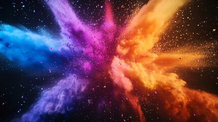 Spectacular explosion of diverse colors creating a mesmerizing cosmic effect with scattered particles in the background
