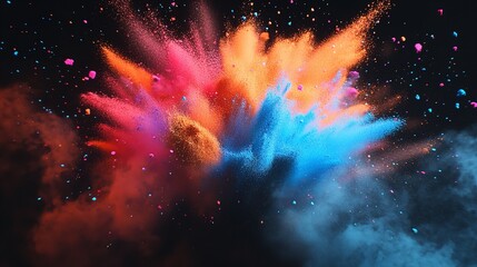 Vibrant explosion of colorful powder against a dark backdrop, creating a dynamic and artistic display of colors