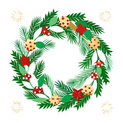 Festive Christmas Holiday Wreath Vector Design with Greenery, Berries, and Ornaments in Circular Arrangement for Seasonal Celebrations and Decoration on Transparent Background.