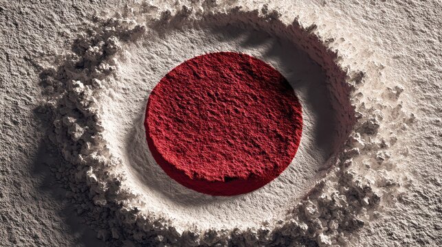 The Japan flag formed using glowing red ember circle within powdered white ash background. Shadows cast naturally across