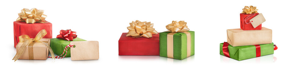 collection of festive Christmas boxes in green and red with golden bows stands out on a white background.