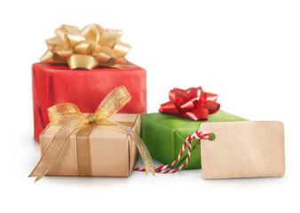 Three festive Christmas boxes in green and red with golden bows stand out on a transparent background.