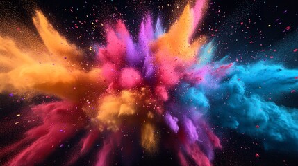 Spectacular explosion of vibrant colors in a dynamic powder cloud against a dark background, creating an artistic effect