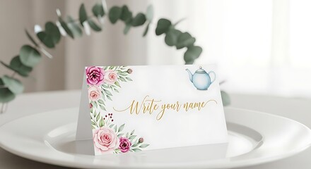 Elegant wedding place card with floral design on a white plate
