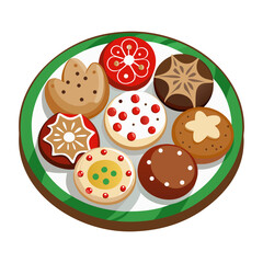 Festive Cookies Assortment Vector Plate: Holiday Treat Variety, Cute Pastry Illustration, Delicious Confections Set, Baked Goodies Graphics, Sweet Dessert Design elements. 