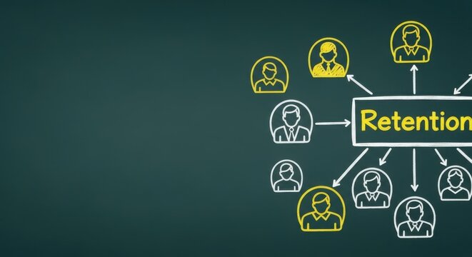 Retention flow chart on green chalkboard showing employee retention strategy