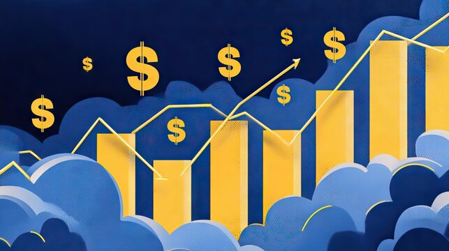 Abstract illustration of finance growth with dollar signs and chart bars on a blue background depicting rising profit trends