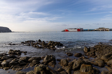 A ferry boat carrying vehicles between the islands from the town of Los Cristianos. Tenerife, Canary Islands.