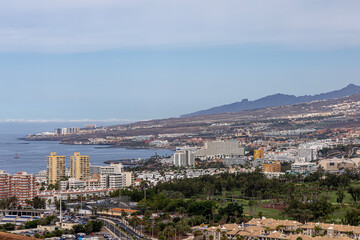 Panorama of the city of Las Americas with a volcano in the background. Tenerife, Canary Islands.
