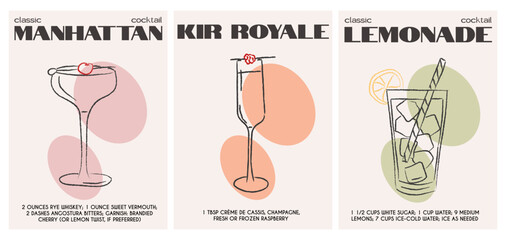 Manhattan, Kir Royale, and Lemonade cocktails with ingredients. Summer aperitif drinks and classic recipes with modern garnish. Minimal retro poster set for kitchen wall art or bar decor. Vector.