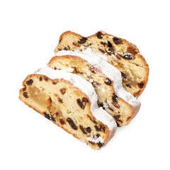Pieces of traditional Christmas Stollen with icing sugar isolated on white