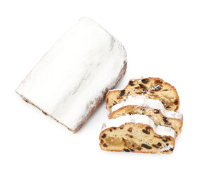 Traditional Christmas Stollen with icing sugar isolated on white, top view