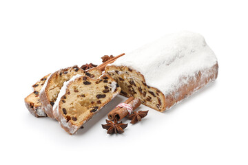 Traditional Christmas Stollen with icing sugar and spices isolated on white