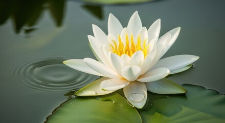 Beautiful white water lily with yellow center blooming in the pond water