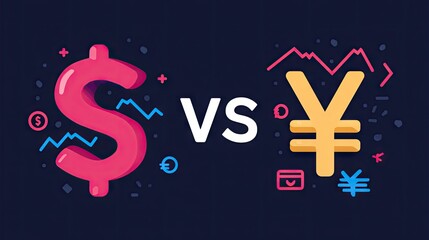 Currency Comparison Concept with Dollar and Yen Symbols in Colorful Graphics for Financial Theme
