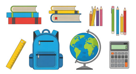 A colorful and essential collection of school supplies, featuring stacked books, vibrant pencils, a student backpack, world globe, ruler, and calculator, ideal for education and study