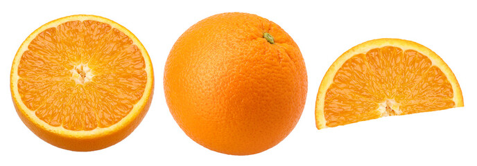 Close-up, Orange fruit (Navel orange), halves and pieces isolated, transparent PNG, PNG format, Oranges with juicy flesh