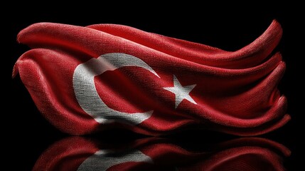 Turkish flag floating horizontally above a glossy reflective black surface, crescent and star centered. Mirror reflection adds depth