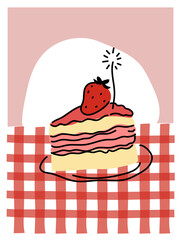 Simple drawing of strawberry cake with red layers on a checkered tablecloth background