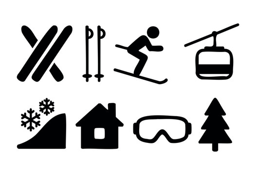 A set of simple black glyph icons related to winter sports, specifically skiing. The icons include skis, poles, a skier, a ski lift, snowflakes, a snowy hill, a chalet, goggles, and a fir tree. Perfec
