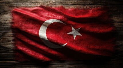Turkish flag lying flat on polished wood surface, photographed from directly above. Crescent and star centered crisply in