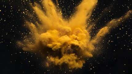 Golden powder explosion against a dark background creates a dynamic and abstract visual effect