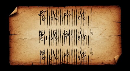 Ancient scroll with old handwritten script, historical document texture, aged parchment manuscript with calligraphy writing.