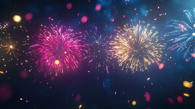 Colorful fireworks display against a dark blue background creates a festive and celebratory atmosphere