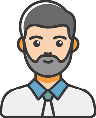 Illustration of a man with gray hair and beard, wearing a white shirt, blue collar, and tie. The expression is neutral, set against a plain background.