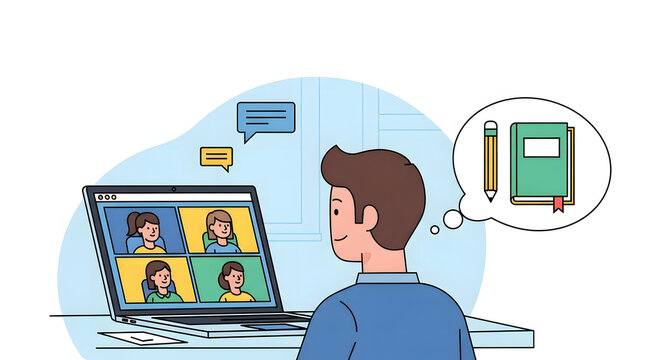 Online Learning Illustration Laptop with Video Call and Book Thought Bubble, representing digital education and remote study