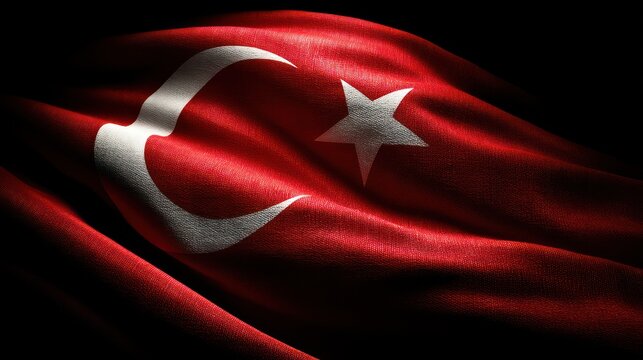 Turkish flag photographed indoors against a seamless matte black background, crescent and star glowing under precise spotlights. folds
