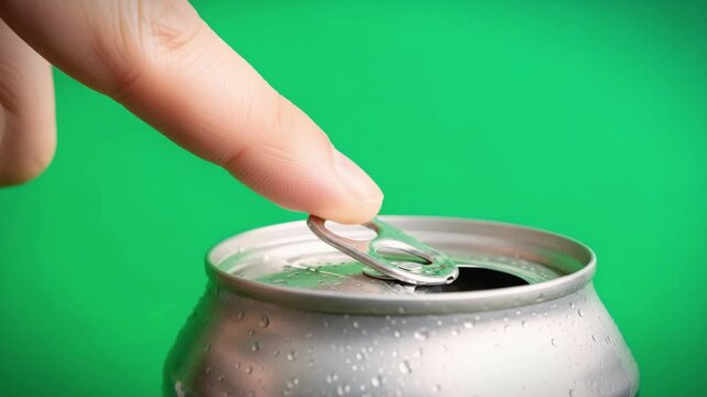 Finger opening refreshing cold beverage can with condensation on bright green background extreme
