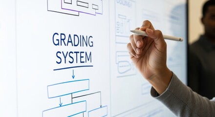 Hand drawing a grading system diagram on a whiteboard with a marker