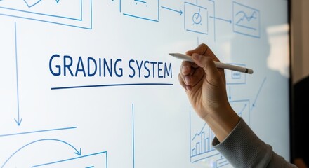Hand writing grading system on whiteboard with diagram and flowchart