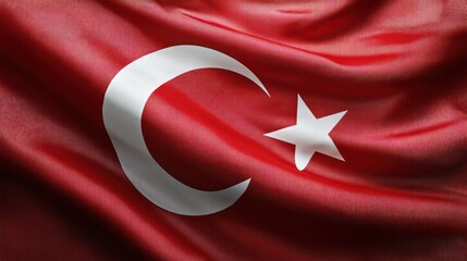 Turkish flag photographed in studio against solid white seamless backdrop, fabric gently curved for dynamic shadows. Crescent and