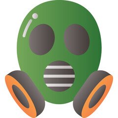 Green gas mask with orange accents and grey filters on a transparent background symbolizing protection and safety during hazardous situations