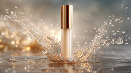 Lip gloss in a bottle, drops and splashes create a feeling of freshness and brightness.