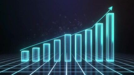 Futuristic glowing bar chart with upward arrow, holographic digital graph rising in virtual space, representing business growth, success, and financial analytics, modern cyber data visualization - Powered by Adobe