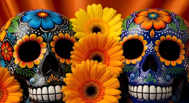 Colorful sugar skulls adorned with flowers for day of the dead celebration