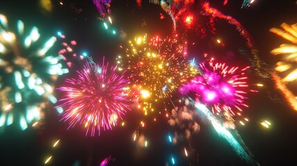 A vibrant display of fireworks illuminates the night sky with bursts of colorful light and energy